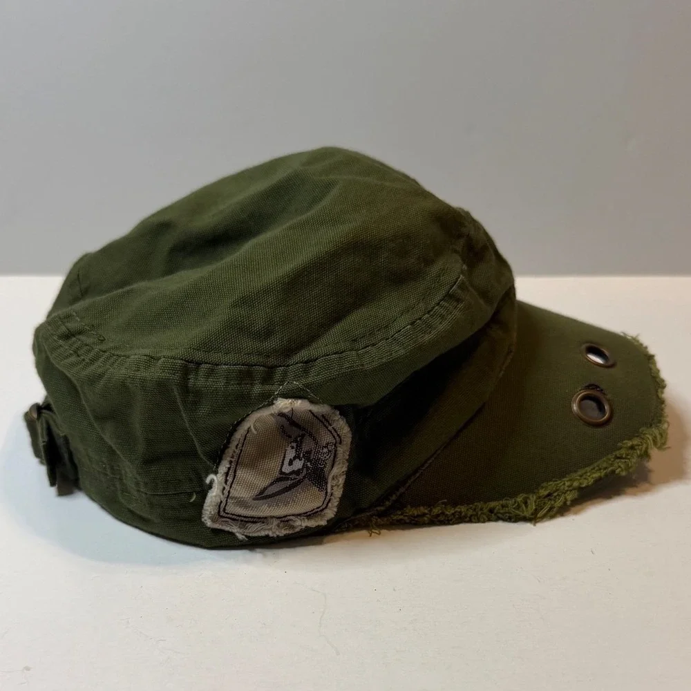 Vintage Harley Davidson Military Cadet Hat Green Distressed